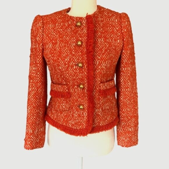 J Crew  Orange Red Fringe  Tweed Blazer - Picture 1 of 11